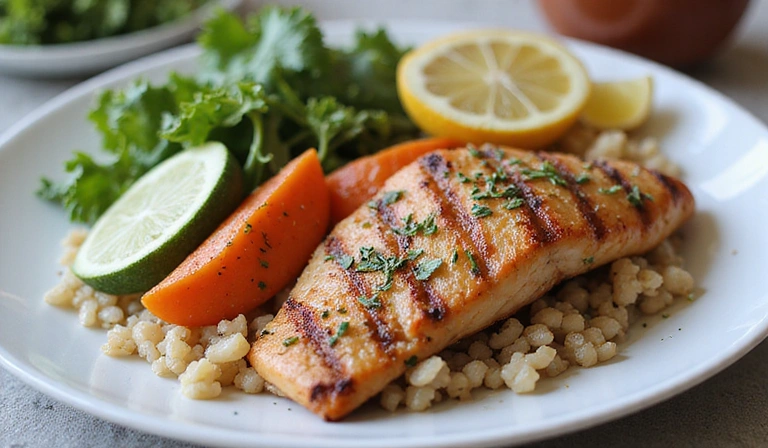 Plato colorido con verduras frescas y proteínas, representando una comida equilibrada