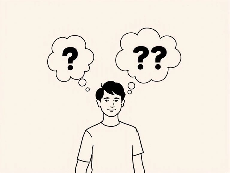 Ilustración de una persona pensando con signos de interrogación sobre su cabeza, simbolizando preguntas y respuestas.