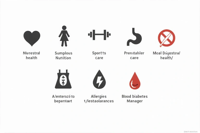 Representación simbólica de diversas necesidades nutricionales: un corazón para salud cardiovascular, una pesa para deportistas, una mujer embarazada, un intestino para digestión, un símbolo de prohibición para alergias y una gota de sangre para diabetes.
